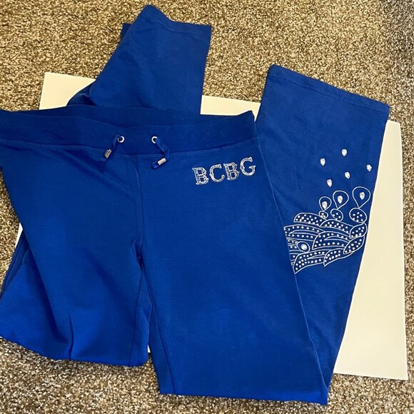 BCBG Paris Women's Blue Rhinestone Embellished Athleisure Track Pants -Large NWT - Picture 3 of 8